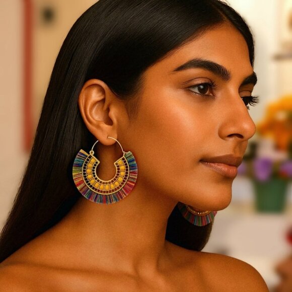 🆕️Boho Chic Rainbow Hoop Earrings Handmade Indian Artisan Statement Jewelry - Picture 1 of 11